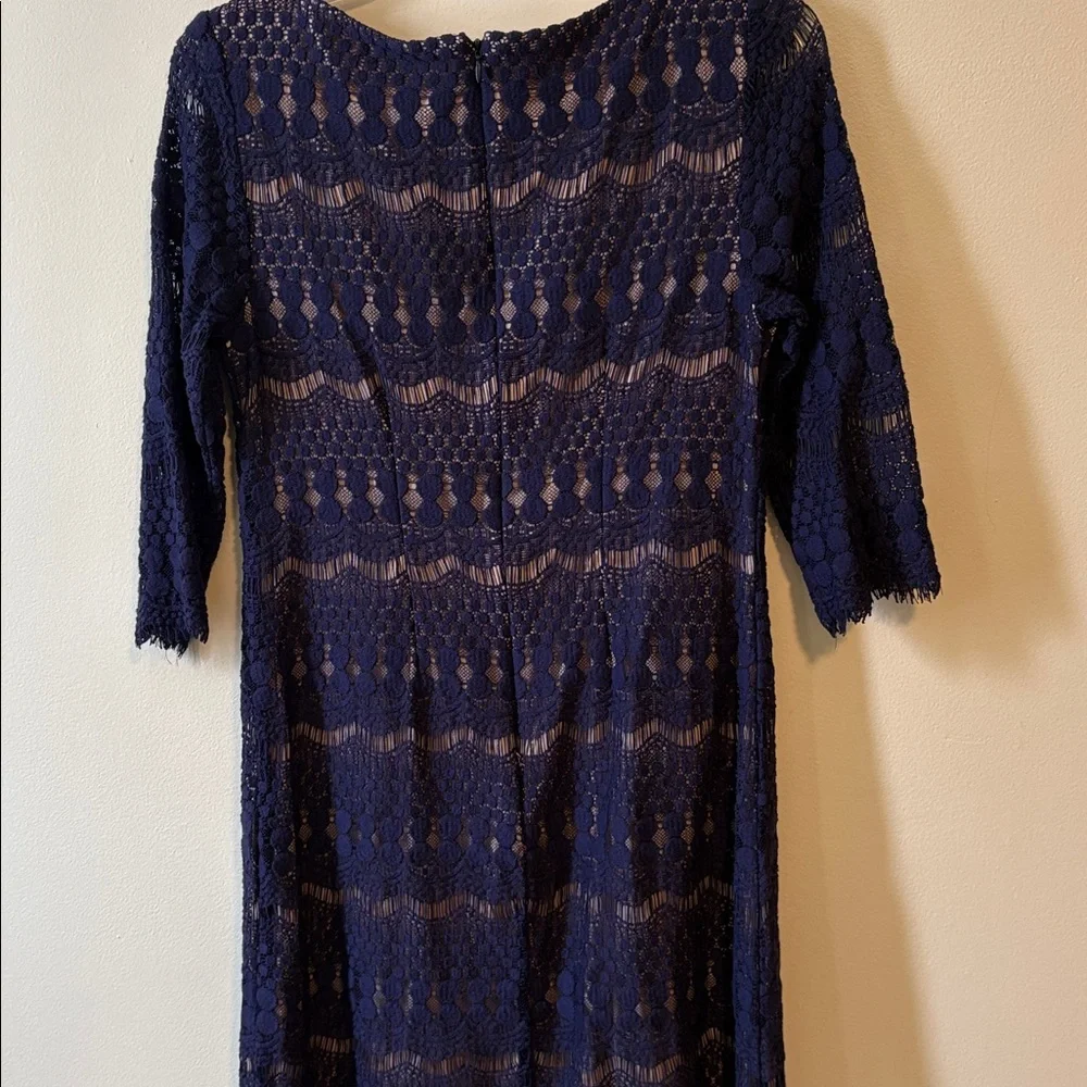 Navy open weave a-line dress with cream lining. Fringe details on sleeves/hem. - Picture 3 of 7